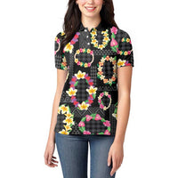 Hawaiian Kakau Tattoo Leis and Palaka Pattern Women Polo Shirt Traditional Aloha Tribal Black Color