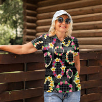 Hawaiian Kakau Tattoo Leis and Palaka Pattern Women Polo Shirt Traditional Aloha Tribal Black Color