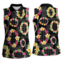 Hawaiian Kakau Tattoo Leis and Palaka Pattern Women Sleeveless Polo Shirt Traditional Aloha Tribal Black Color