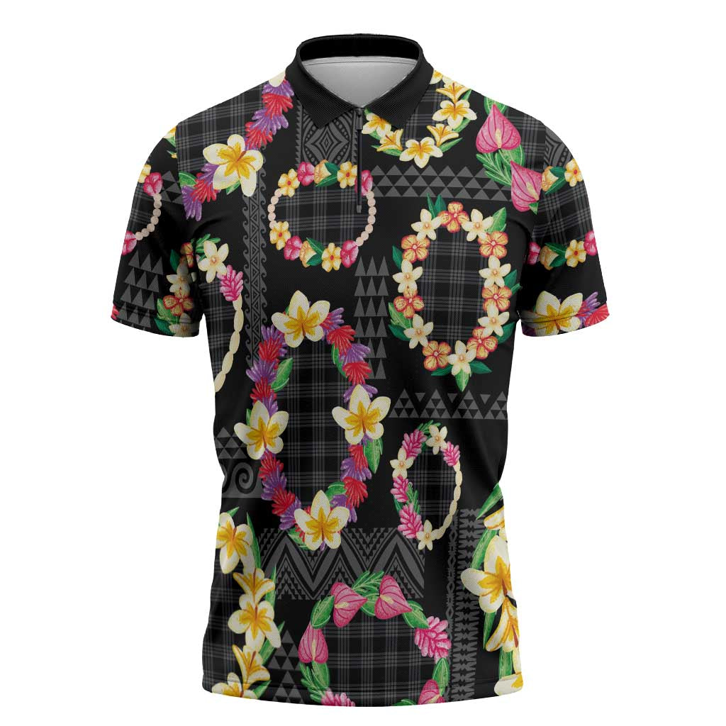 Hawaiian Kakau Tattoo Leis and Palaka Pattern Zipper Polo Shirt Traditional Aloha Tribal Black Color