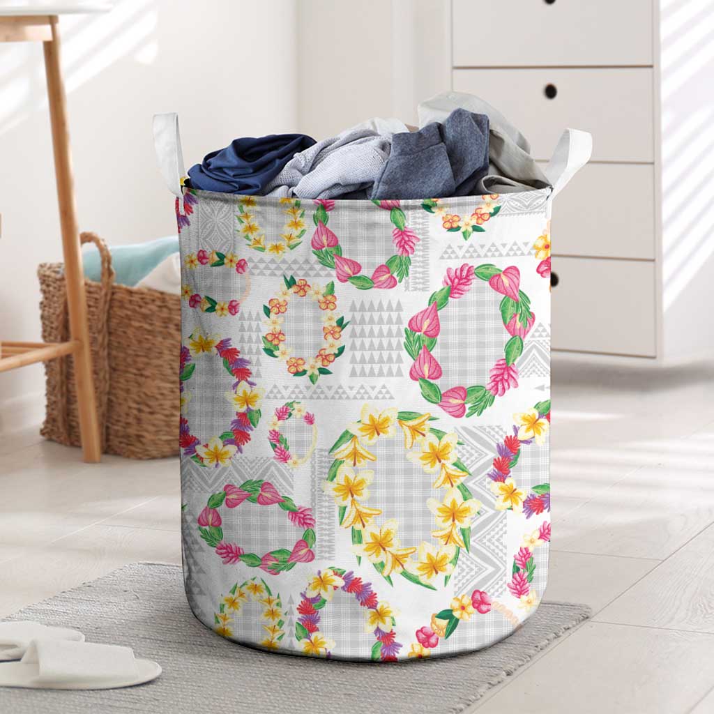 Hawaiian Kakau Tattoo Leis and Palaka Pattern Laundry Basket Traditional Aloha Tribal White Color