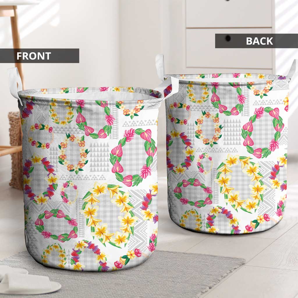 Hawaiian Kakau Tattoo Leis and Palaka Pattern Laundry Basket Traditional Aloha Tribal White Color
