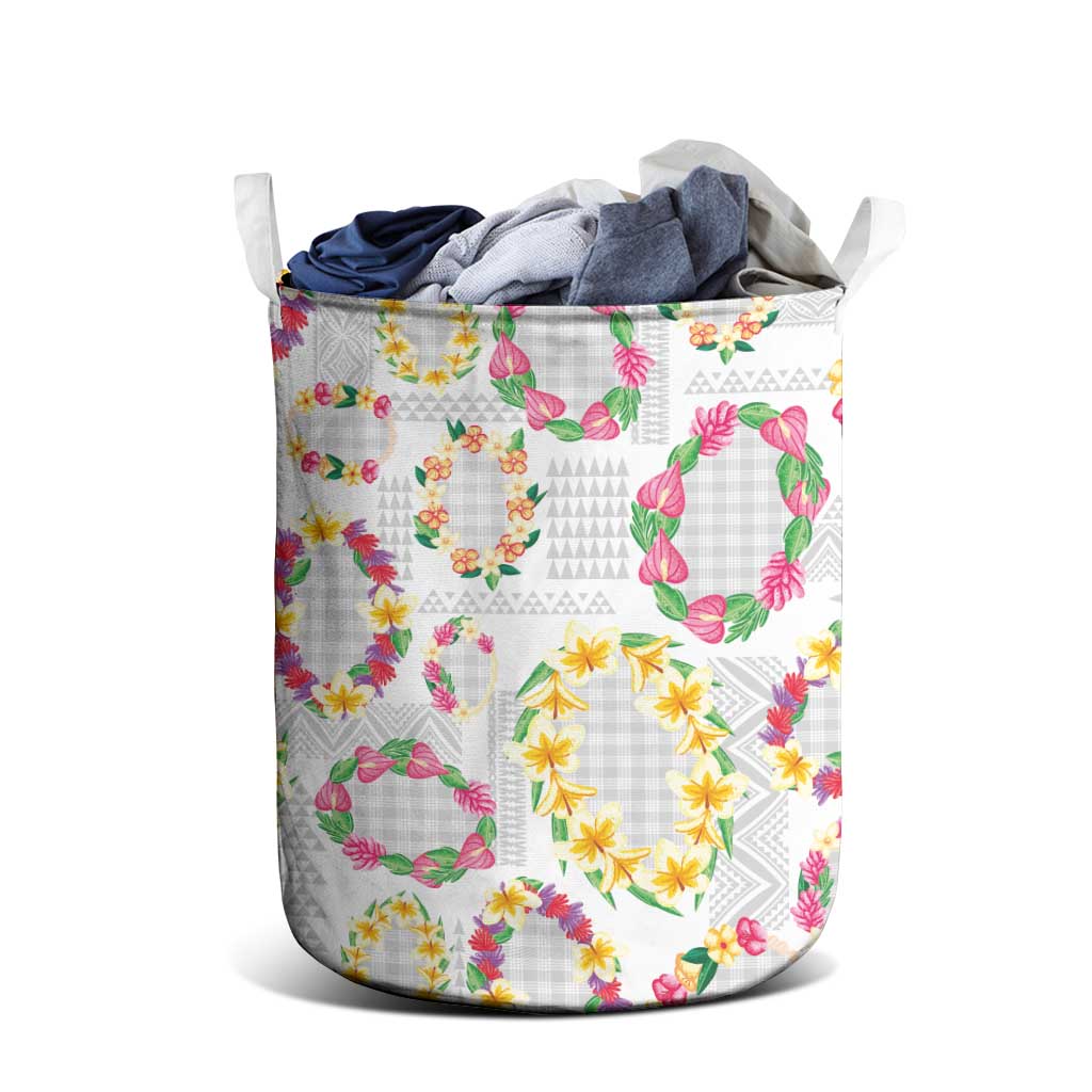 Hawaiian Kakau Tattoo Leis and Palaka Pattern Laundry Basket Traditional Aloha Tribal White Color