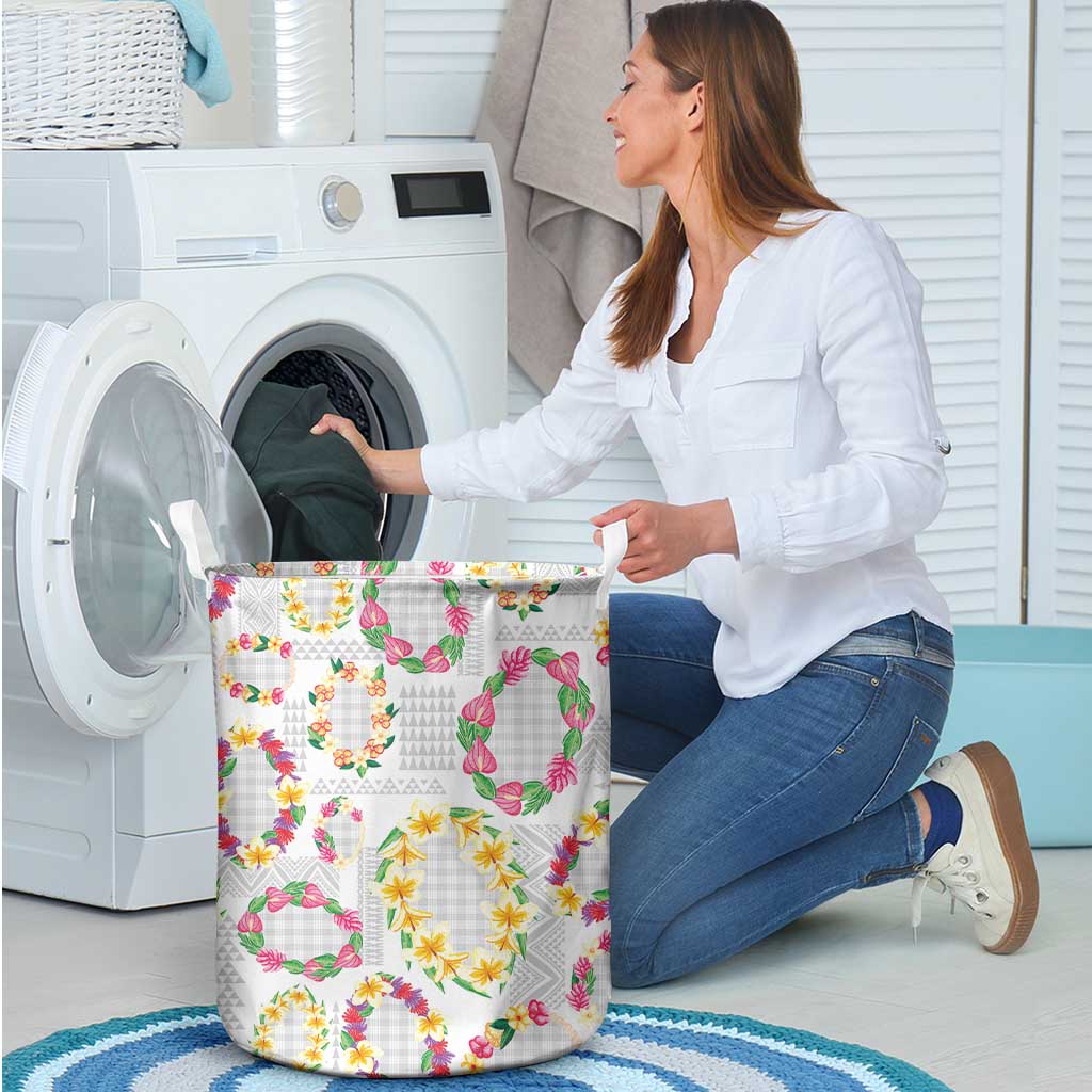 Hawaiian Kakau Tattoo Leis and Palaka Pattern Laundry Basket Traditional Aloha Tribal White Color