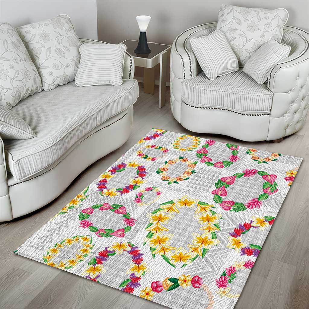 Hawaiian Kakau Tattoo Leis and Palaka Pattern Area Rug Traditional Aloha Tribal White Color