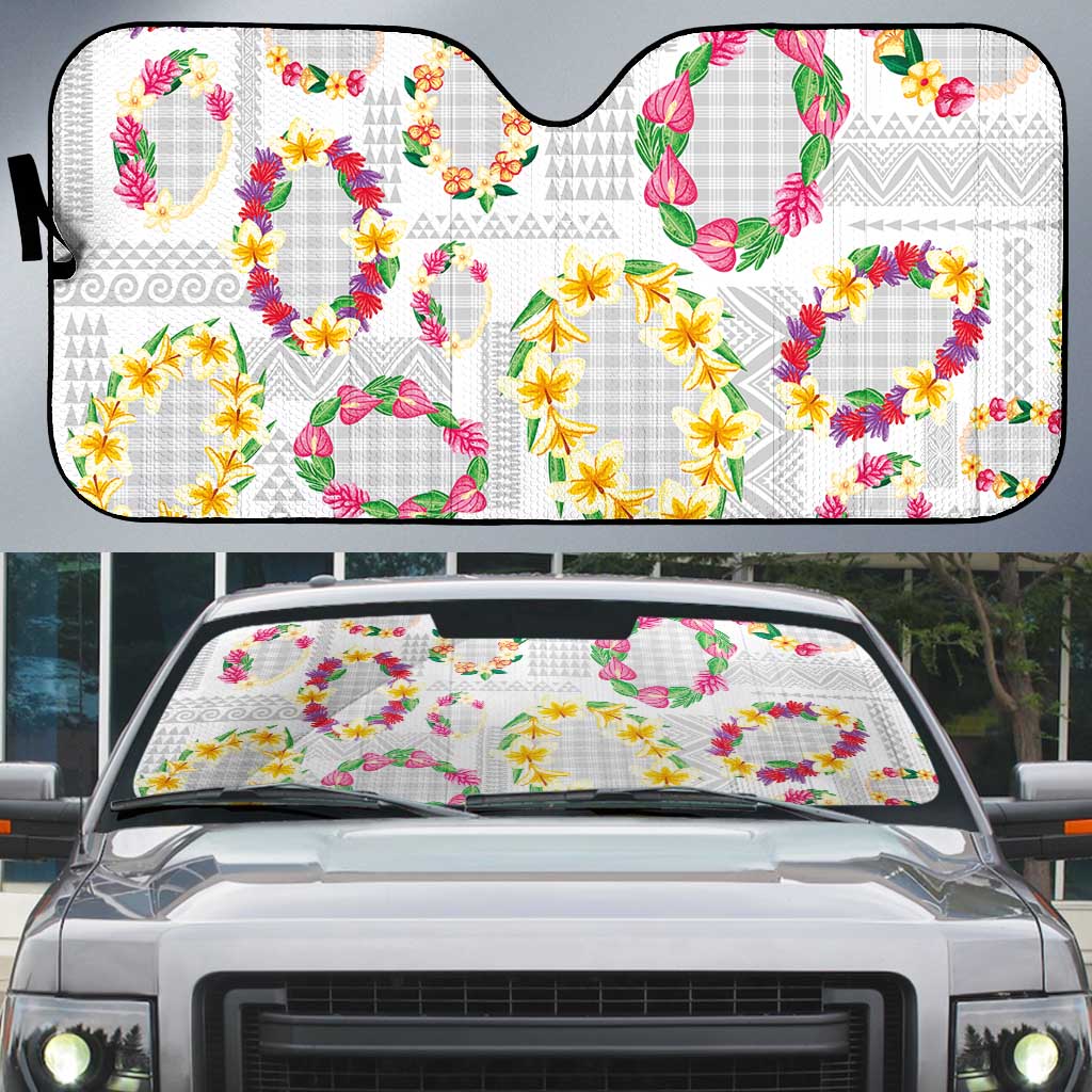 Hawaiian Kakau Tattoo Leis and Palaka Pattern Auto Sun Shade Traditional Aloha Tribal White Color LT03 White - Polynesian Pride