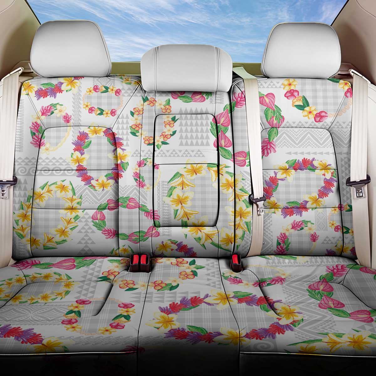 Hawaiian Kakau Tattoo Leis and Palaka Pattern Back Car Seat Cover Traditional Aloha Tribal White Color LT03 One Size White - Polynesian Pride