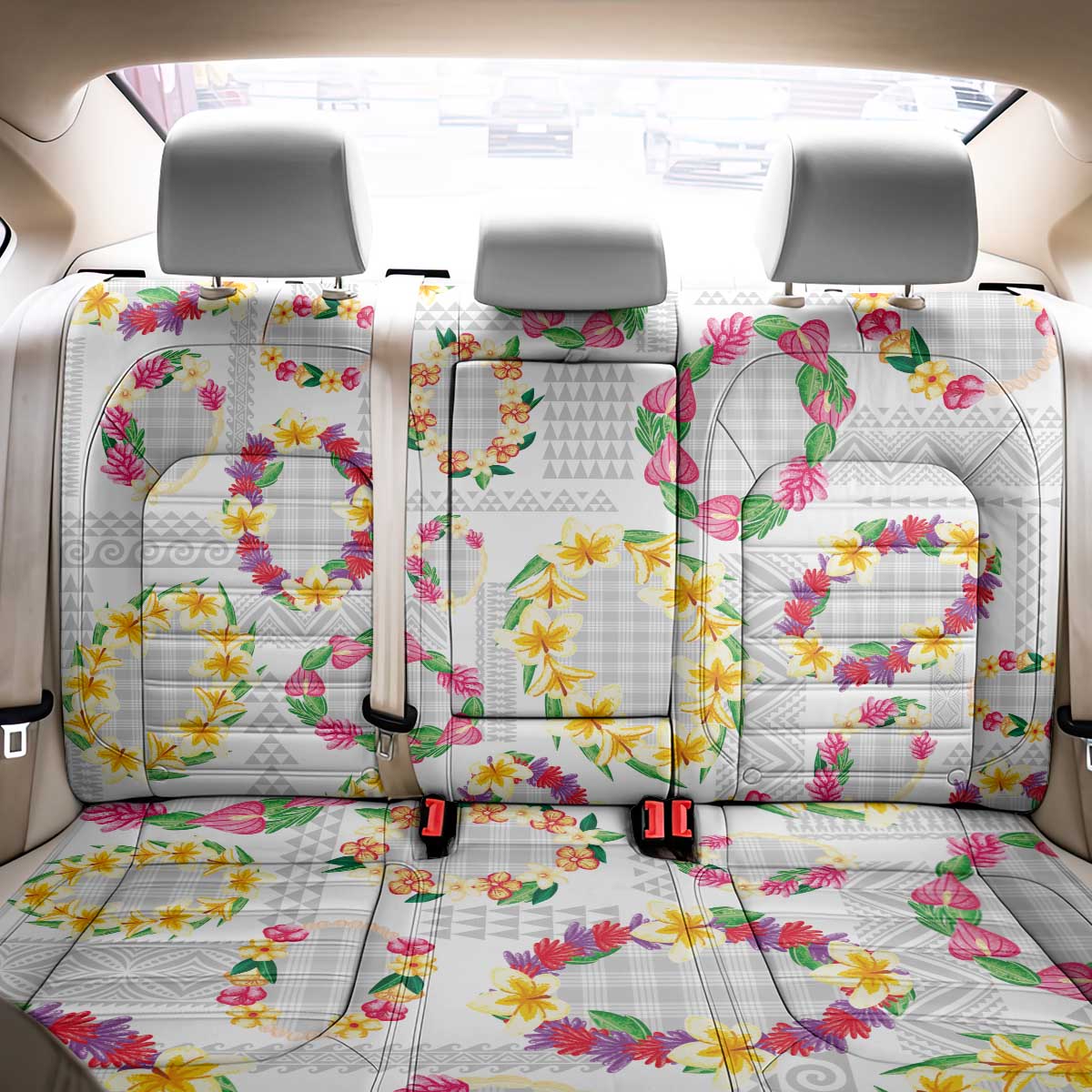 Hawaiian Kakau Tattoo Leis and Palaka Pattern Back Car Seat Cover Traditional Aloha Tribal White Color LT03 - Polynesian Pride