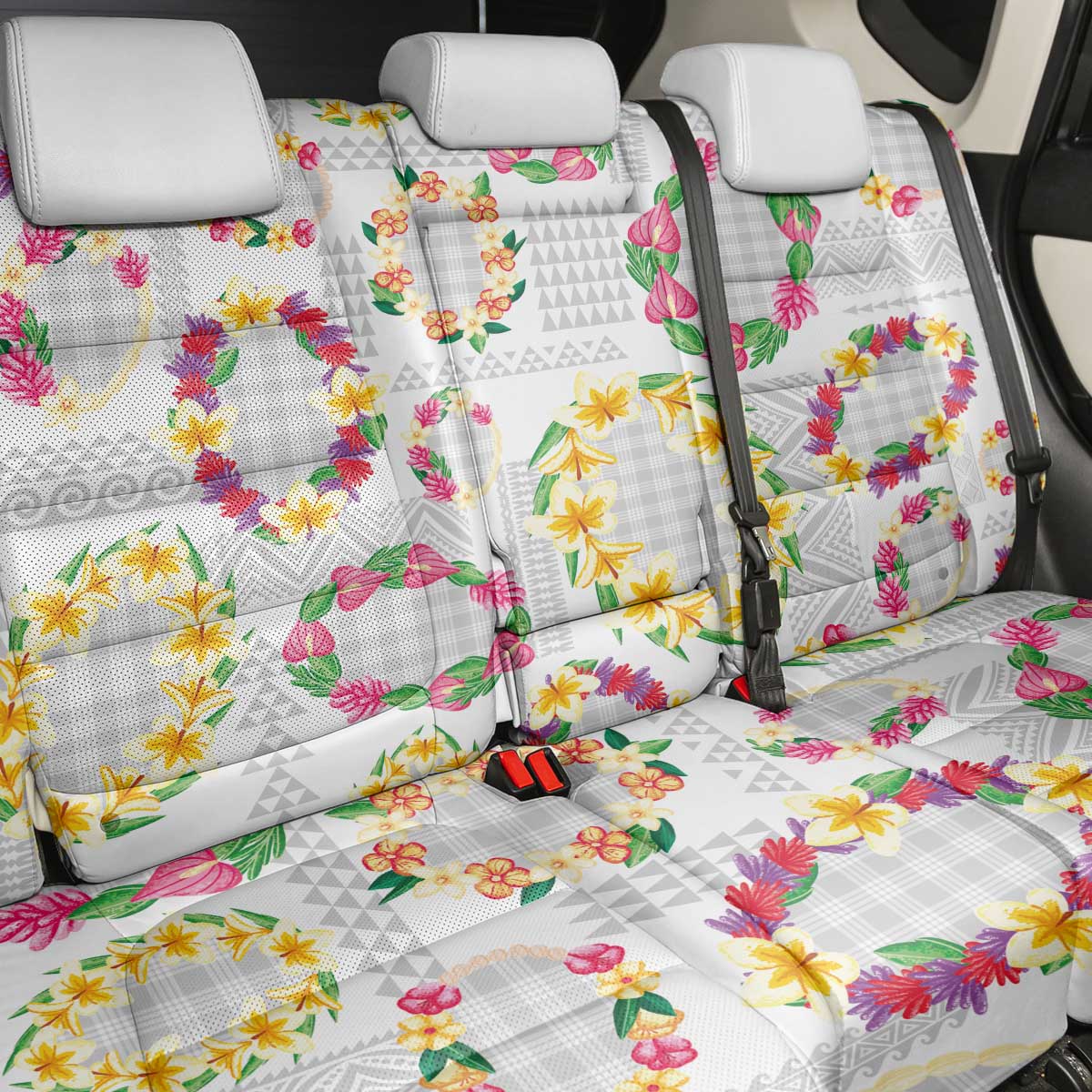 Hawaiian Kakau Tattoo Leis and Palaka Pattern Back Car Seat Cover Traditional Aloha Tribal White Color LT03 - Polynesian Pride