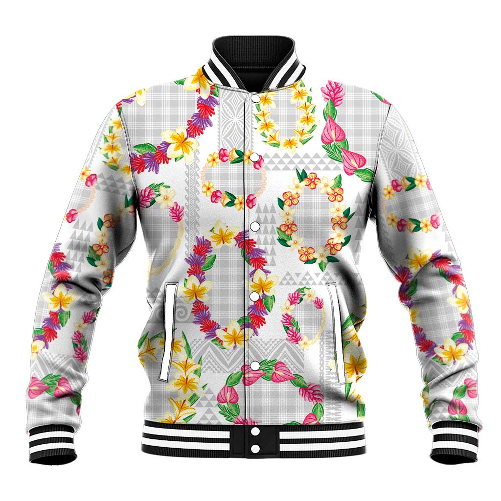 Hawaiian Kakau Tattoo Leis and Palaka Pattern Baseball Jacket Traditional Aloha Tribal White Color LT03 Unisex White - Polynesian Pride