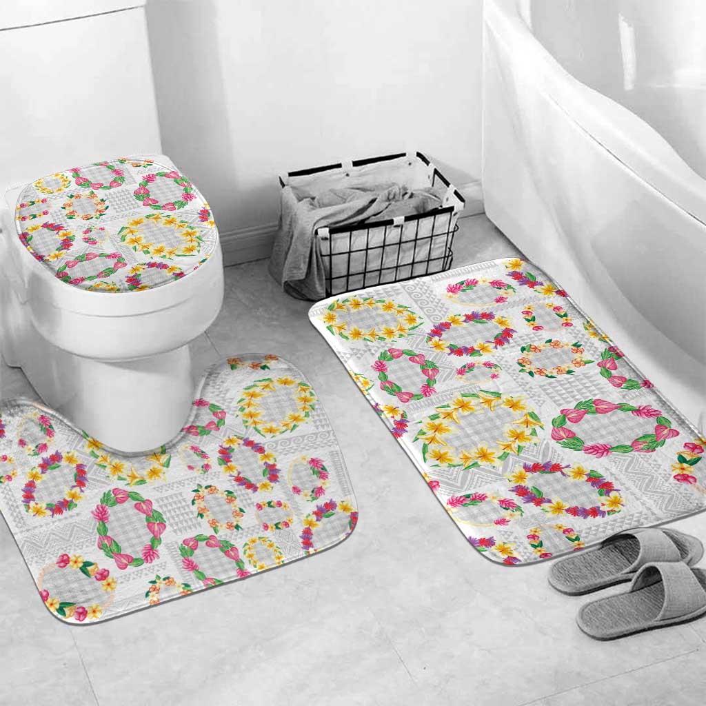 Hawaiian Kakau Tattoo Leis and Palaka Pattern Bathroom Set Traditional Aloha Tribal White Color LT03 Mat Set Only (3 pcs) One Size White - Polynesian Pride