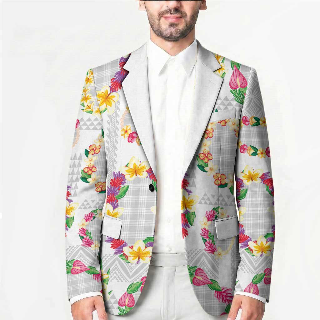 Hawaiian Kakau Tattoo Leis and Palaka Pattern Blazer Traditional Aloha Tribal White Color