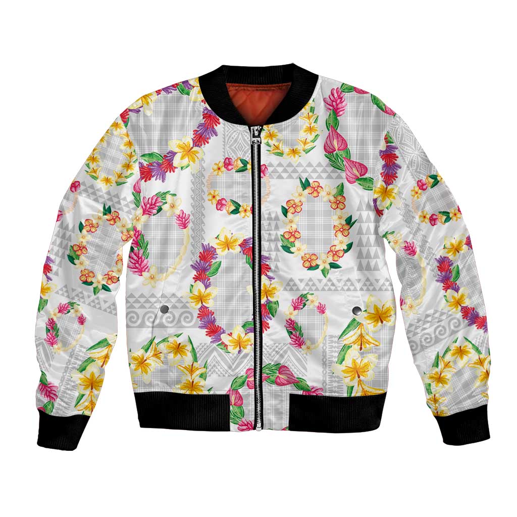 Hawaiian Kakau Tattoo Leis and Palaka Pattern Bomber Jacket Traditional Aloha Tribal White Color