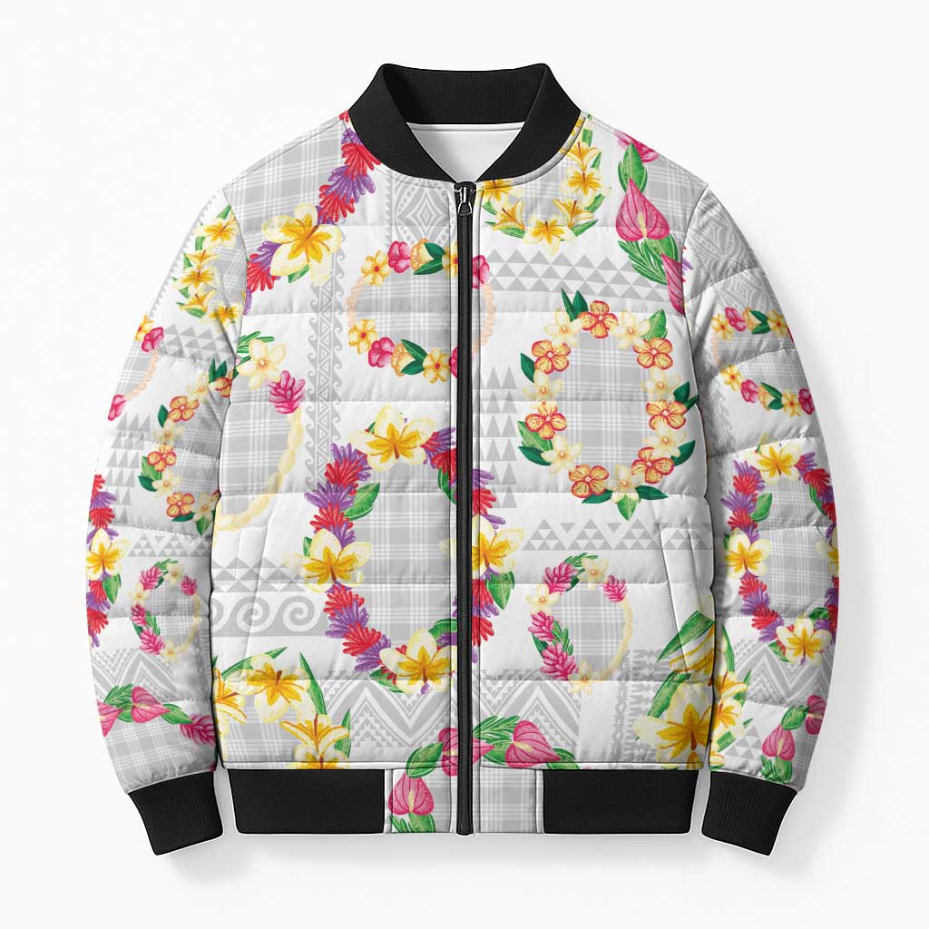 Hawaiian Kakau Tattoo Leis and Palaka Pattern Bomber Puffer Jacket Traditional Aloha Tribal White Color LT03 Unisex White - Polynesian Pride