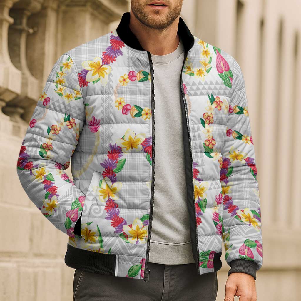 Hawaiian Kakau Tattoo Leis and Palaka Pattern Bomber Puffer Jacket Traditional Aloha Tribal White Color LT03 - Polynesian Pride