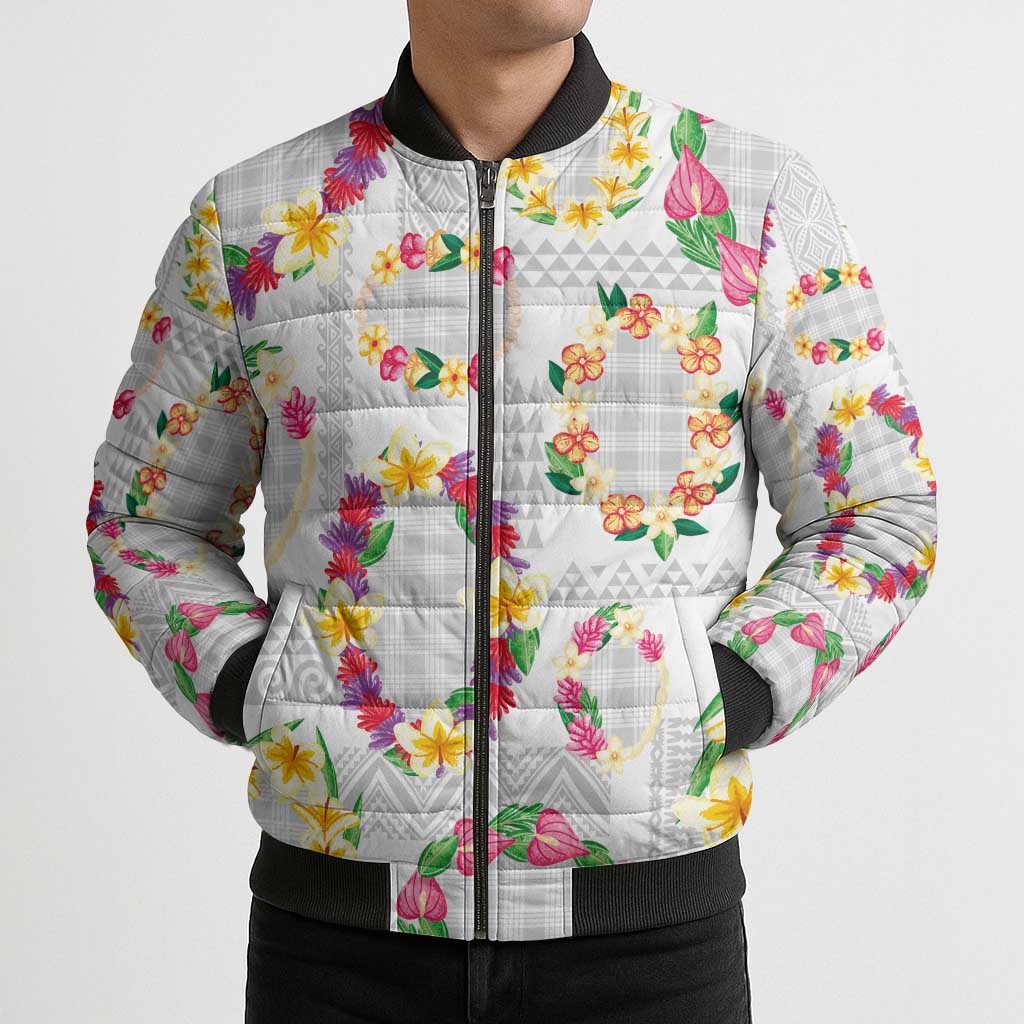Hawaiian Kakau Tattoo Leis and Palaka Pattern Bomber Puffer Jacket Traditional Aloha Tribal White Color LT03 - Polynesian Pride