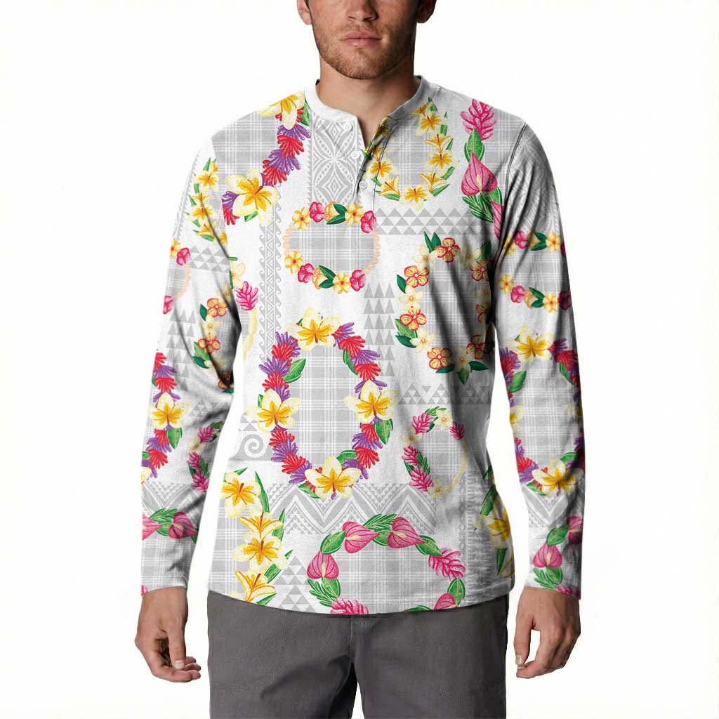 Hawaiian Kakau Tattoo Leis and Palaka Pattern Button Sweatshirt Traditional Aloha Tribal White Color LT03 - Polynesian Pride