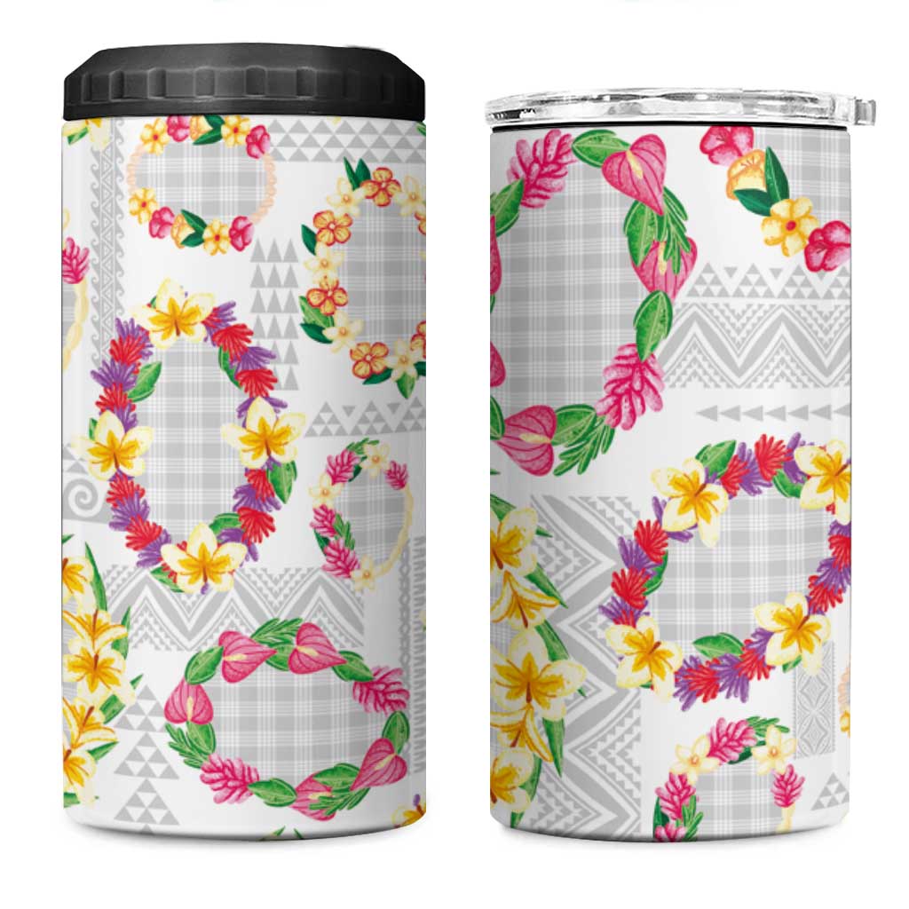 Hawaiian Kakau Tattoo Leis and Palaka Pattern 4 in 1 Can Cooler Tumbler Traditional Aloha Tribal White Color