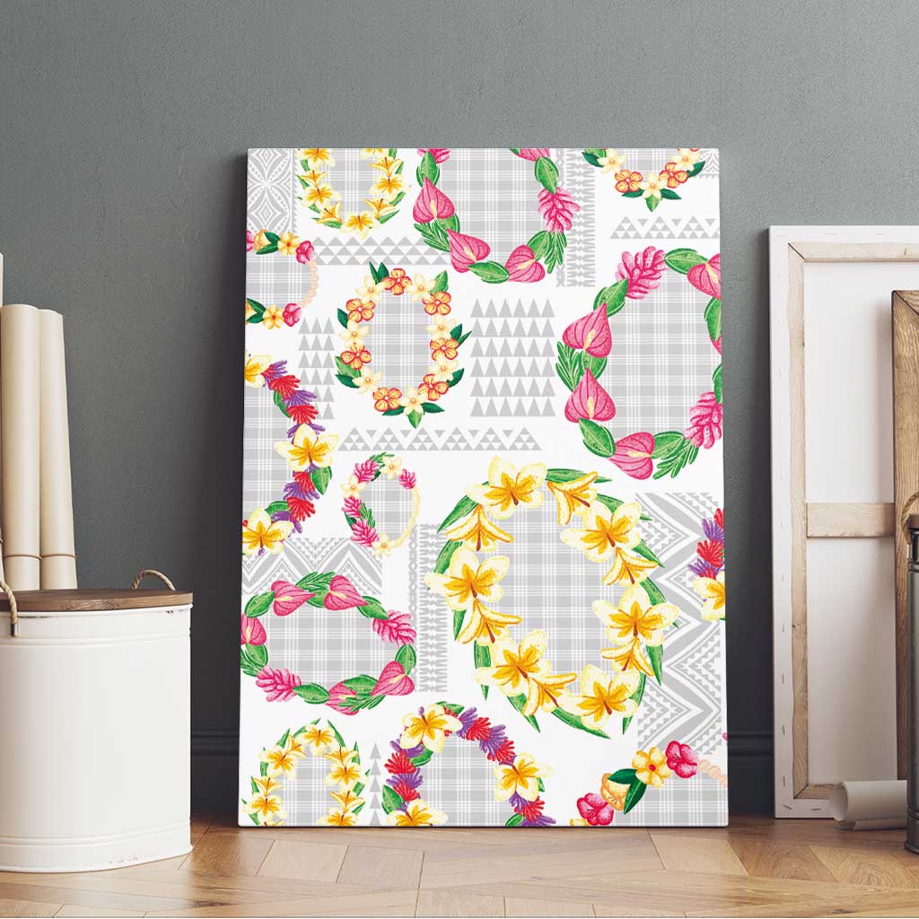 Hawaiian Kakau Tattoo Leis and Palaka Pattern Canvas Wall Art Traditional Aloha Tribal White Color