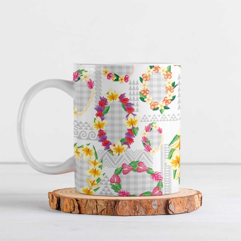 Hawaiian Kakau Tattoo Leis and Palaka Pattern Ceramic Mug Traditional Aloha Tribal White Color