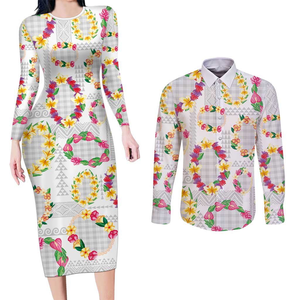Hawaiian Kakau Tattoo Leis and Palaka Pattern Couples Matching Long Sleeve Bodycon Dress and Long Sleeve Button Shirt Traditional Aloha Tribal White Color