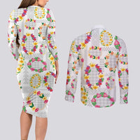 Hawaiian Kakau Tattoo Leis and Palaka Pattern Couples Matching Long Sleeve Bodycon Dress and Long Sleeve Button Shirt Traditional Aloha Tribal White Color