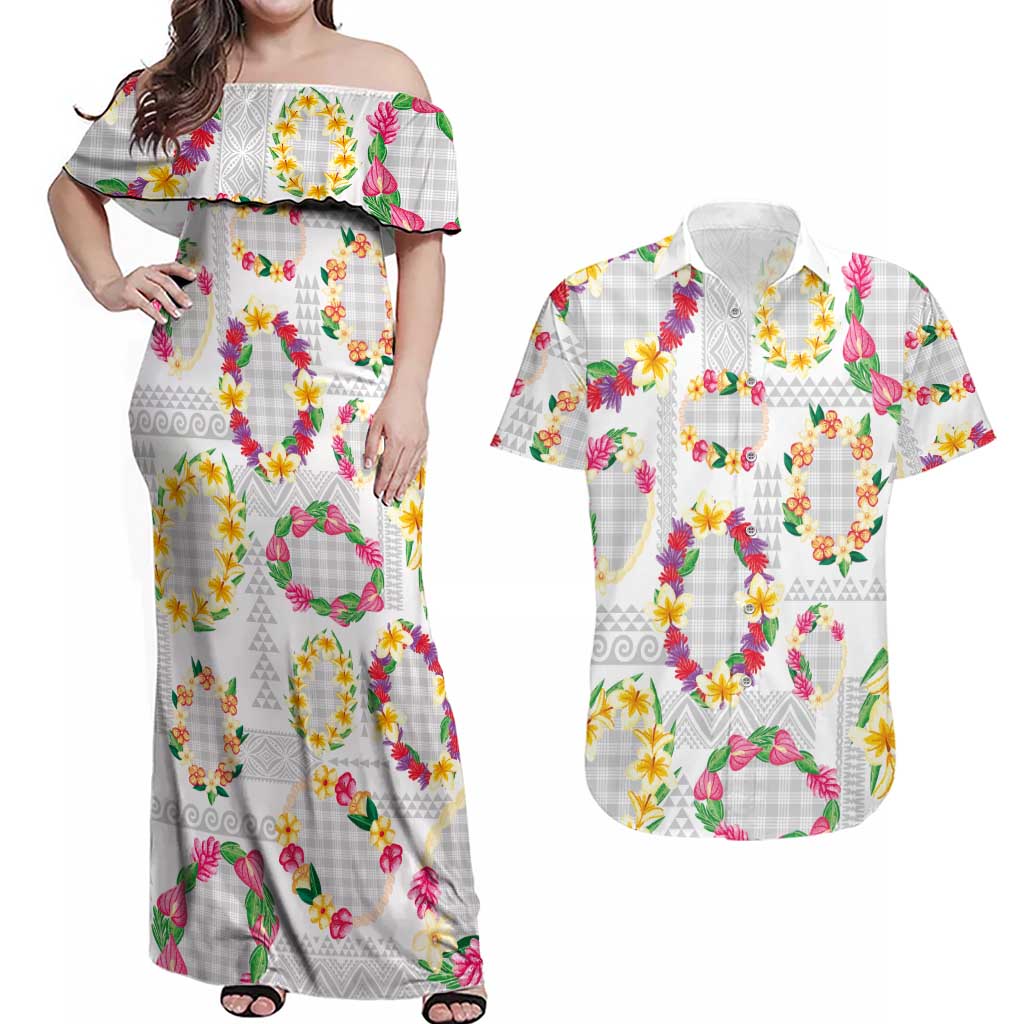 Hawaiian Kakau Tattoo Leis and Palaka Pattern Couples Matching Off Shoulder Maxi Dress and Hawaiian Shirt Traditional Aloha Tribal White Color