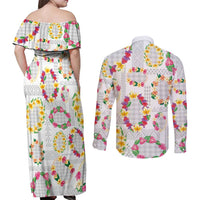 Hawaiian Kakau Tattoo Leis and Palaka Pattern Couples Matching Off Shoulder Maxi Dress and Long Sleeve Button Shirt Traditional Aloha Tribal White Color