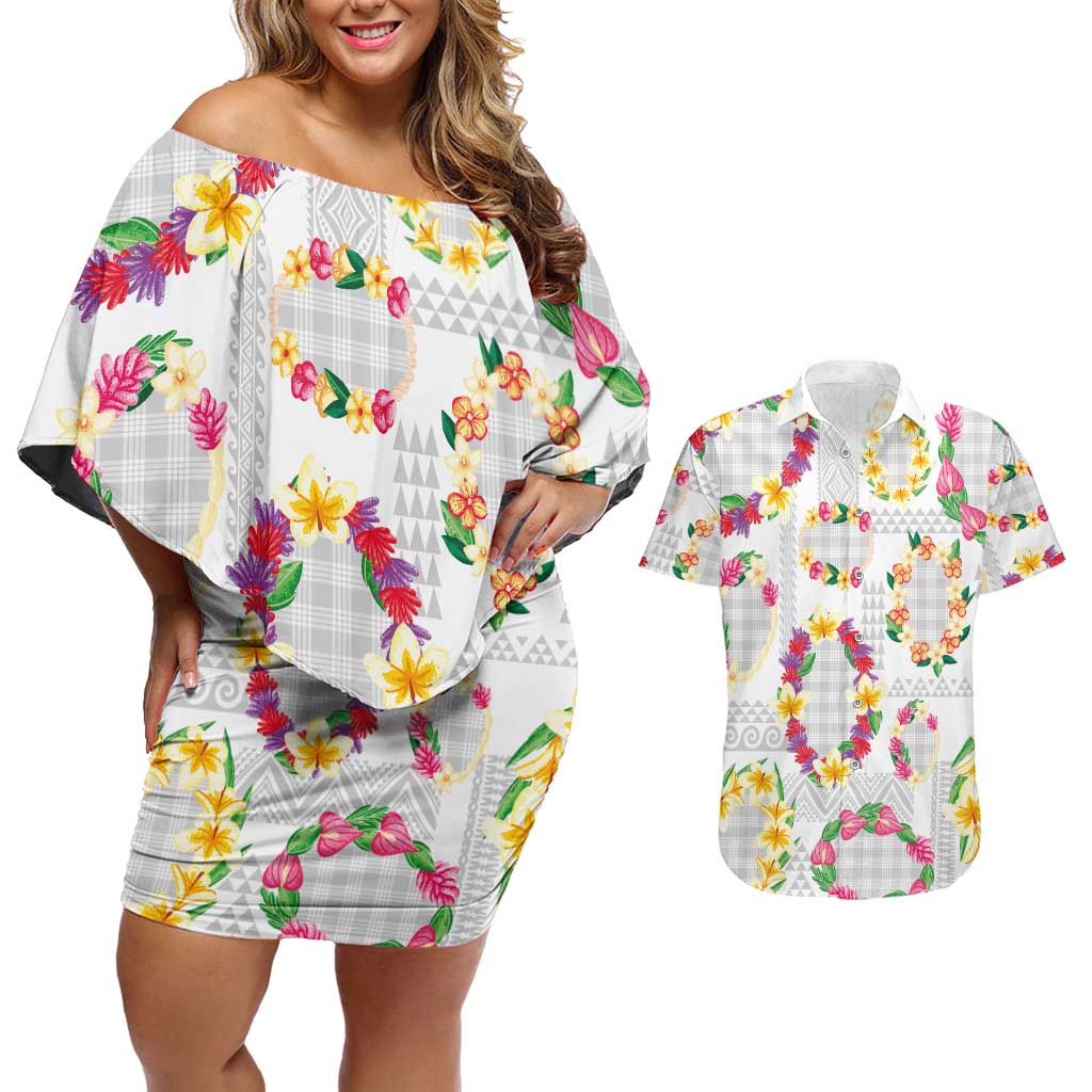 Hawaiian Kakau Tattoo Leis and Palaka Pattern Couples Matching Off Shoulder Short Dress and Hawaiian Shirt Traditional Aloha Tribal White Color