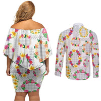 Hawaiian Kakau Tattoo Leis and Palaka Pattern Couples Matching Off Shoulder Short Dress and Long Sleeve Button Shirt Traditional Aloha Tribal White Color
