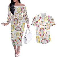 Hawaiian Kakau Tattoo Leis and Palaka Pattern Couples Matching Off The Shoulder Long Sleeve Dress and Hawaiian Shirt Traditional Aloha Tribal White Color