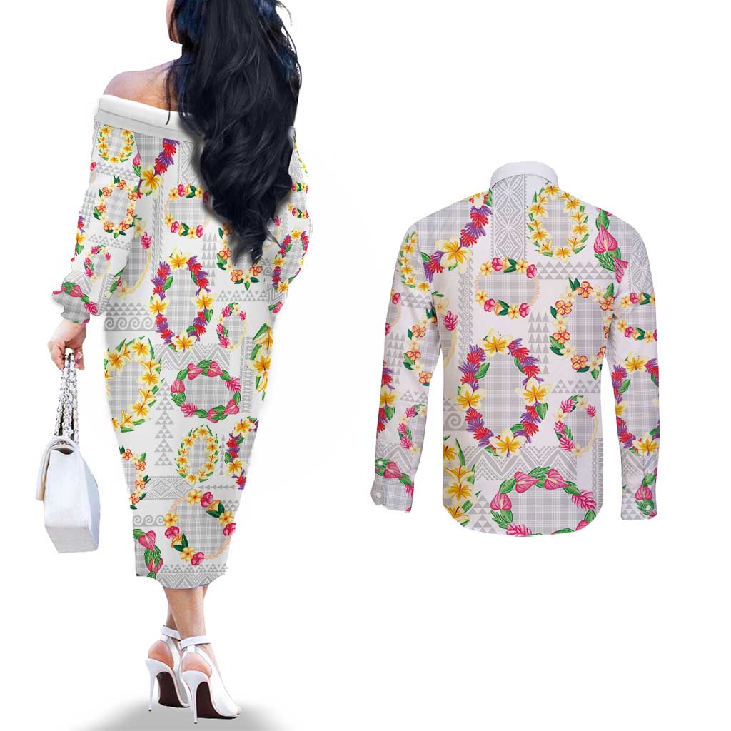 Hawaiian Kakau Tattoo Leis and Palaka Pattern Couples Matching Off The Shoulder Long Sleeve Dress and Long Sleeve Button Shirt Traditional Aloha Tribal White Color