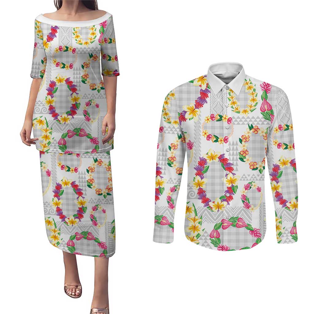 Hawaiian Kakau Tattoo Leis and Palaka Pattern Couples Matching Puletasi and Long Sleeve Button Shirt Traditional Aloha Tribal White Color