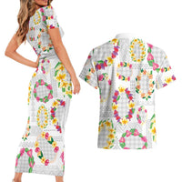 Hawaiian Kakau Tattoo Leis and Palaka Pattern Couples Matching Short Sleeve Bodycon Dress and Hawaiian Shirt Traditional Aloha Tribal White Color