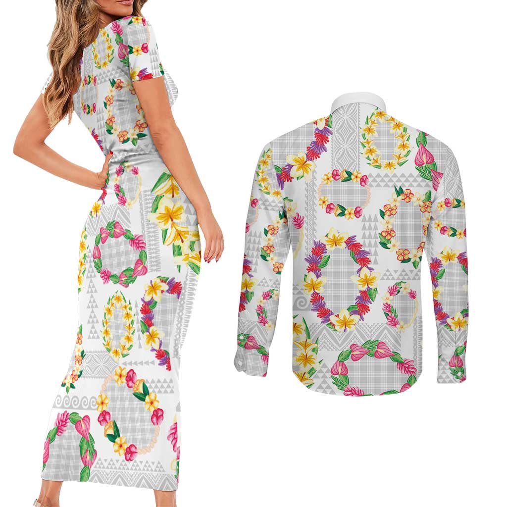 Hawaiian Kakau Tattoo Leis and Palaka Pattern Couples Matching Short Sleeve Bodycon Dress and Long Sleeve Button Shirt Traditional Aloha Tribal White Color