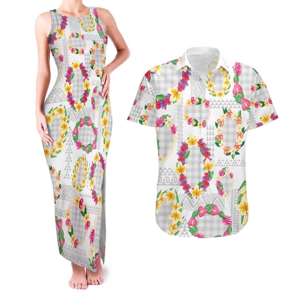 Hawaiian Kakau Tattoo Leis and Palaka Pattern Couples Matching Tank Maxi Dress and Hawaiian Shirt Traditional Aloha Tribal White Color