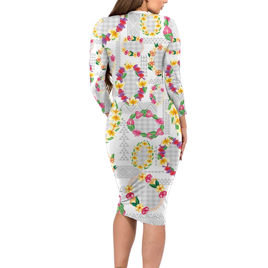 Hawaiian Kakau Tattoo Leis and Palaka Pattern Family Matching Long Sleeve Bodycon Dress and Hawaiian Shirt Traditional Aloha Tribal White Color