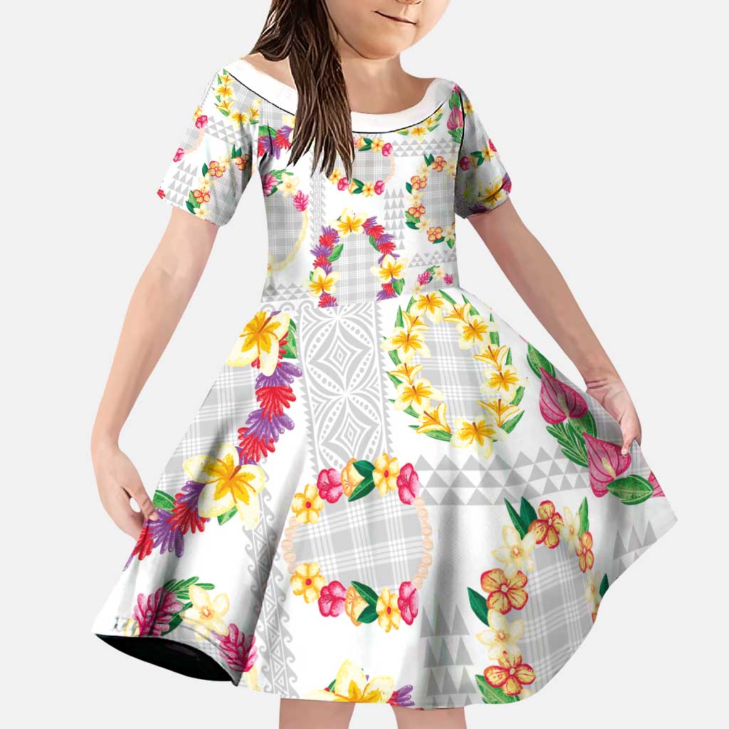 Hawaiian Kakau Tattoo Leis and Palaka Pattern Family Matching Off The Shoulder Long Sleeve Dress and Hawaiian Shirt Traditional Aloha Tribal White Color