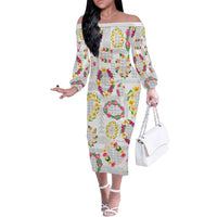 Hawaiian Kakau Tattoo Leis and Palaka Pattern Family Matching Off The Shoulder Long Sleeve Dress and Hawaiian Shirt Traditional Aloha Tribal White Color