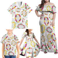 Hawaiian Kakau Tattoo Leis and Palaka Pattern Family Matching Off Shoulder Maxi Dress and Hawaiian Shirt Traditional Aloha Tribal White Color