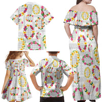 Hawaiian Kakau Tattoo Leis and Palaka Pattern Family Matching Off Shoulder Maxi Dress and Hawaiian Shirt Traditional Aloha Tribal White Color