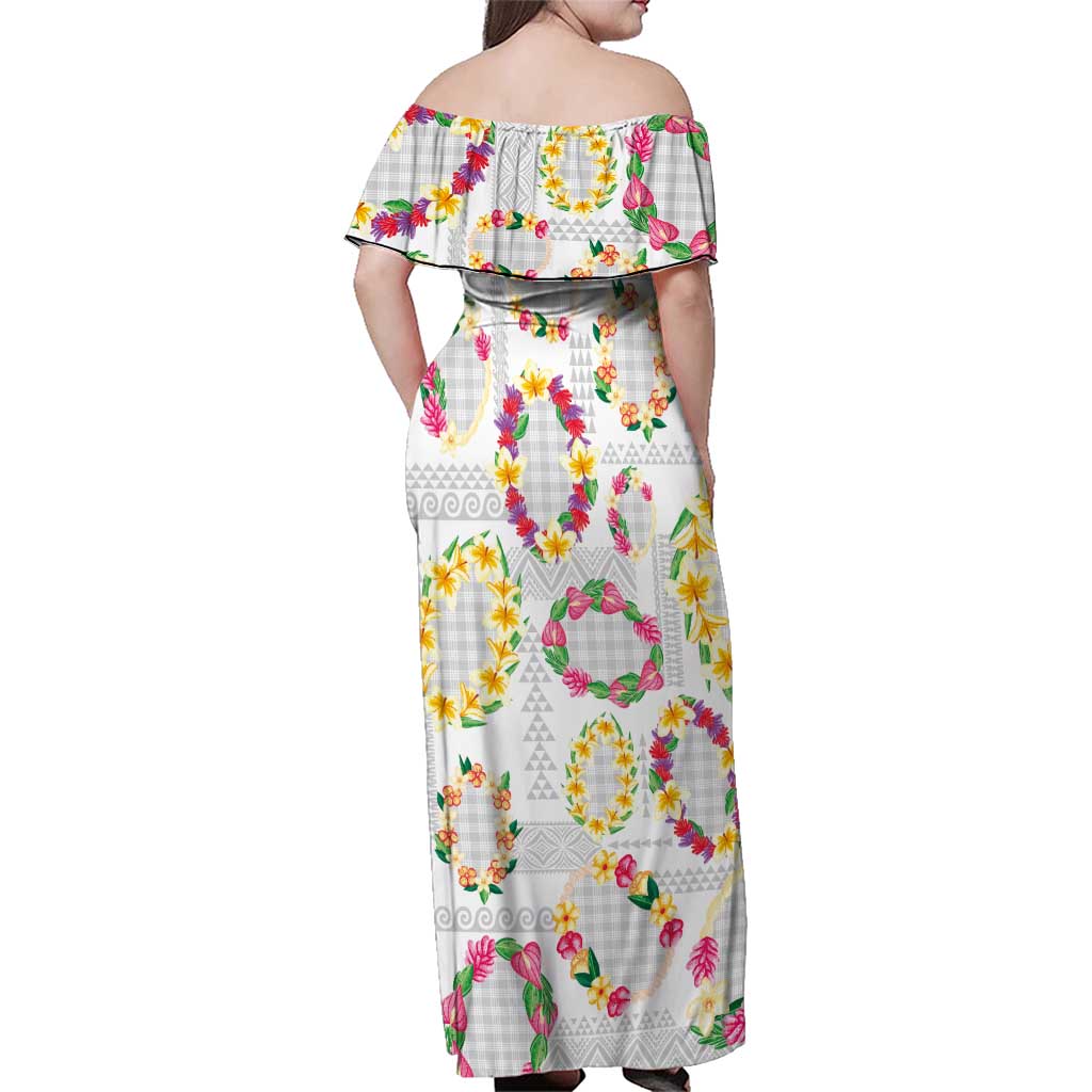 Hawaiian Kakau Tattoo Leis and Palaka Pattern Family Matching Off Shoulder Maxi Dress and Hawaiian Shirt Traditional Aloha Tribal White Color
