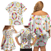 Hawaiian Kakau Tattoo Leis and Palaka Pattern Family Matching Off Shoulder Short Dress and Hawaiian Shirt Traditional Aloha Tribal White Color