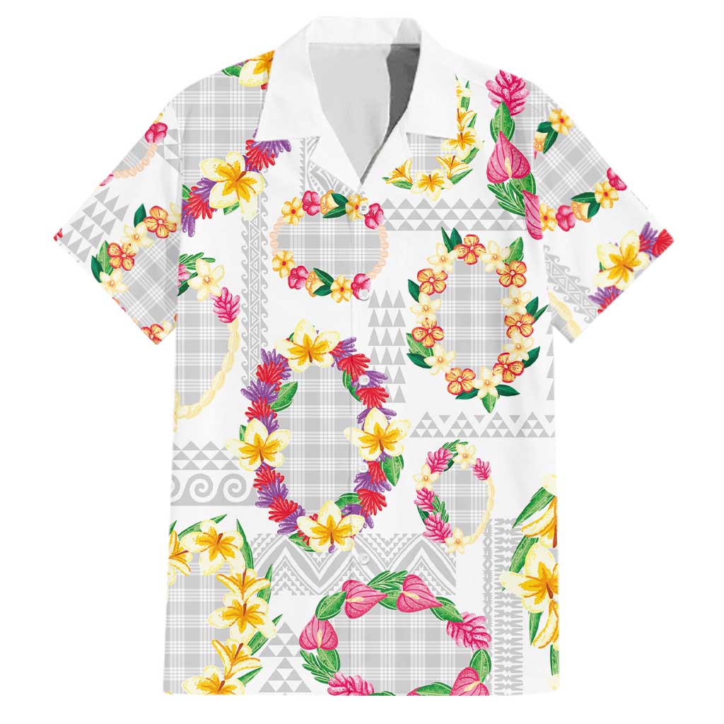 Hawaiian Kakau Tattoo Leis and Palaka Pattern Family Matching Off Shoulder Short Dress and Hawaiian Shirt Traditional Aloha Tribal White Color