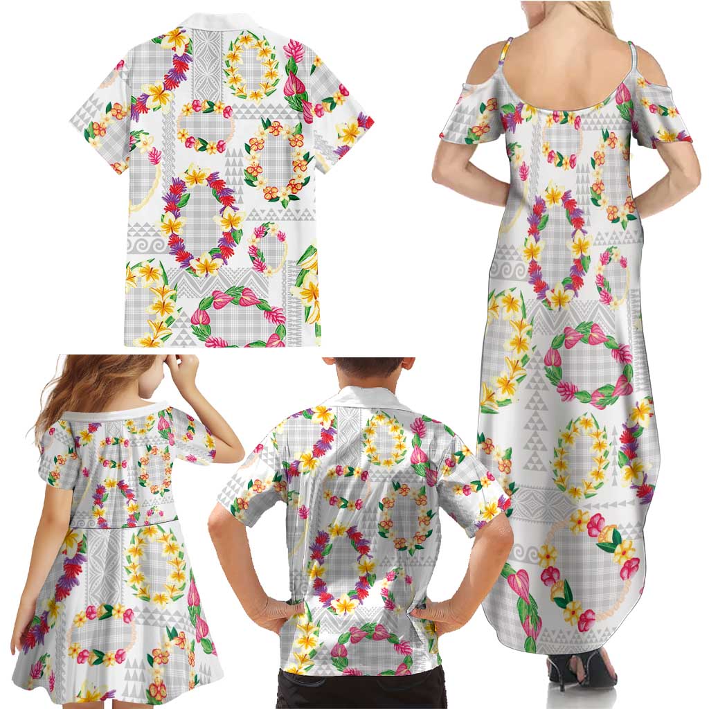 Hawaiian Kakau Tattoo Leis and Palaka Pattern Family Matching Summer Maxi Dress and Hawaiian Shirt Traditional Aloha Tribal White Color