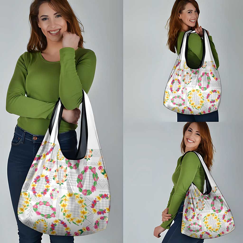 Hawaiian Kakau Tattoo Leis and Palaka Pattern Grocery Bag Traditional Aloha Tribal White Color LT03 - Polynesian Pride