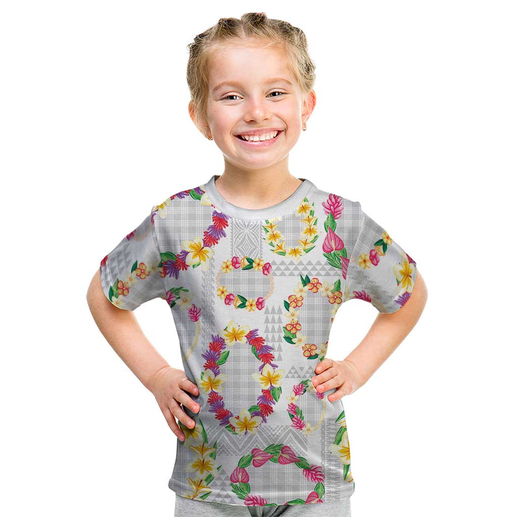 Hawaiian Kakau Tattoo Leis and Palaka Pattern Kid T Shirt Traditional Aloha Tribal White Color LT03 White - Polynesian Pride