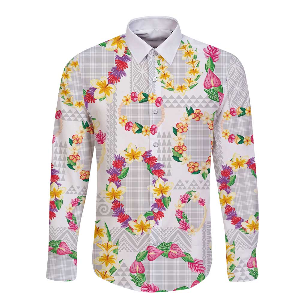 Hawaiian Kakau Tattoo Leis and Palaka Pattern Long Sleeve Button Shirt Traditional Aloha Tribal White Color