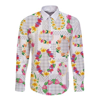 Hawaiian Kakau Tattoo Leis and Palaka Pattern Long Sleeve Button Shirt Traditional Aloha Tribal White Color LT03 Unisex White - Polynesian Pride