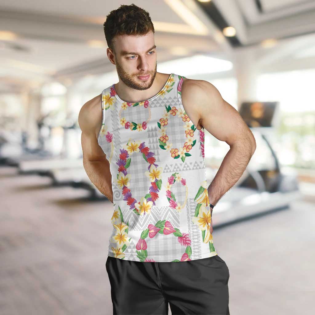 Hawaiian Kakau Tattoo Leis and Palaka Pattern Men Tank Top Traditional Aloha Tribal White Color LT03 White - Polynesian Pride